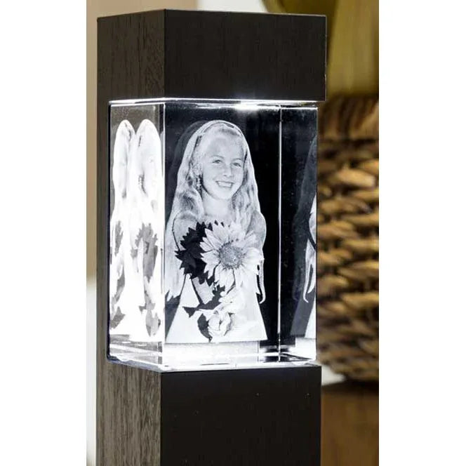 Laser engraved 3D photo crystal on illuminated wooden columns - personalised gift UK - Incrystals