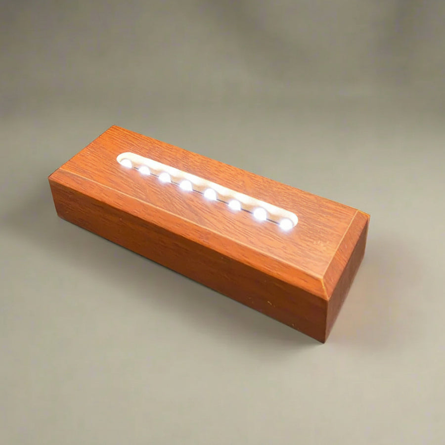 Wooden LED light base for wedge photo crystal - laser engraved personalised gift UK - Incrystals