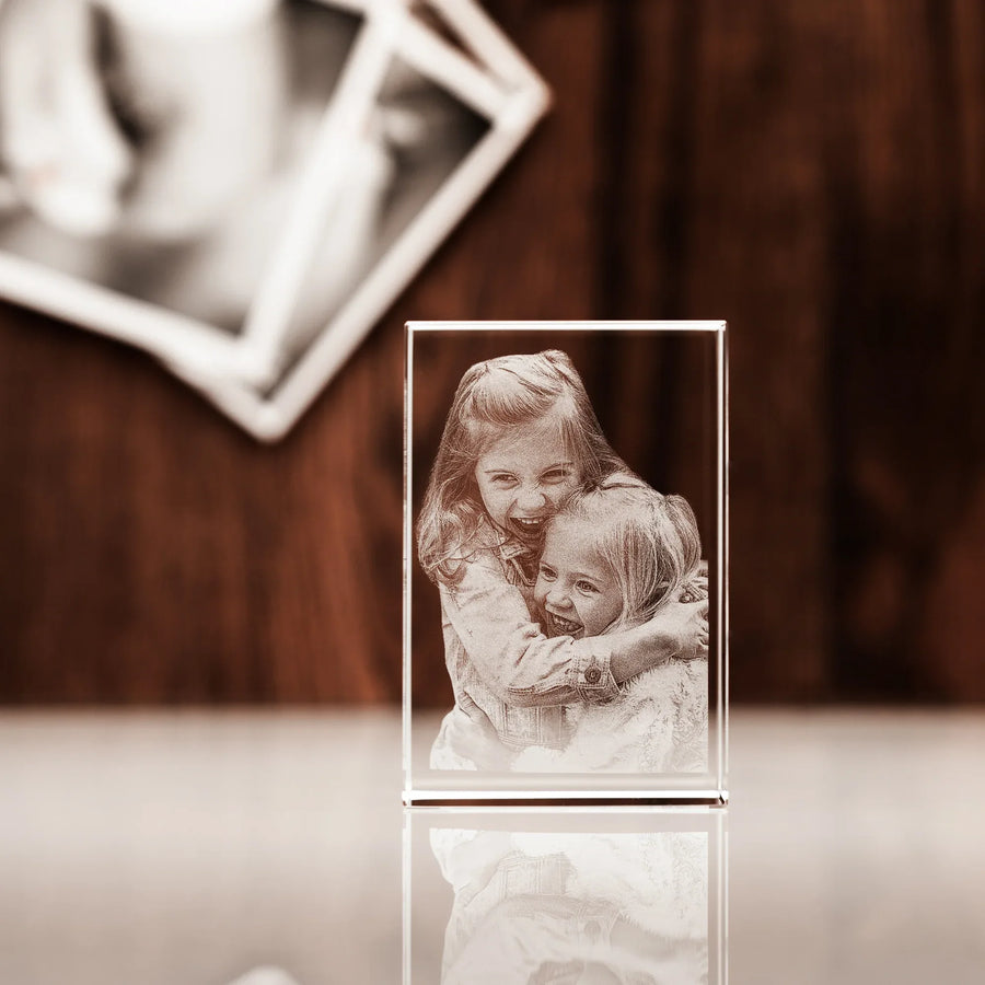 Rectangle laser engraved photo crystal showing detailed 3D image inside optical glass - Incrystals