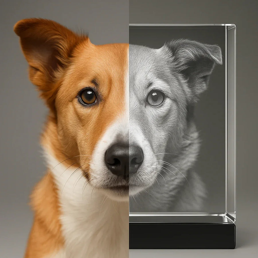 Different sizes of dog photo crystal gifts showing scale comparison - personalised UK - Incrystals