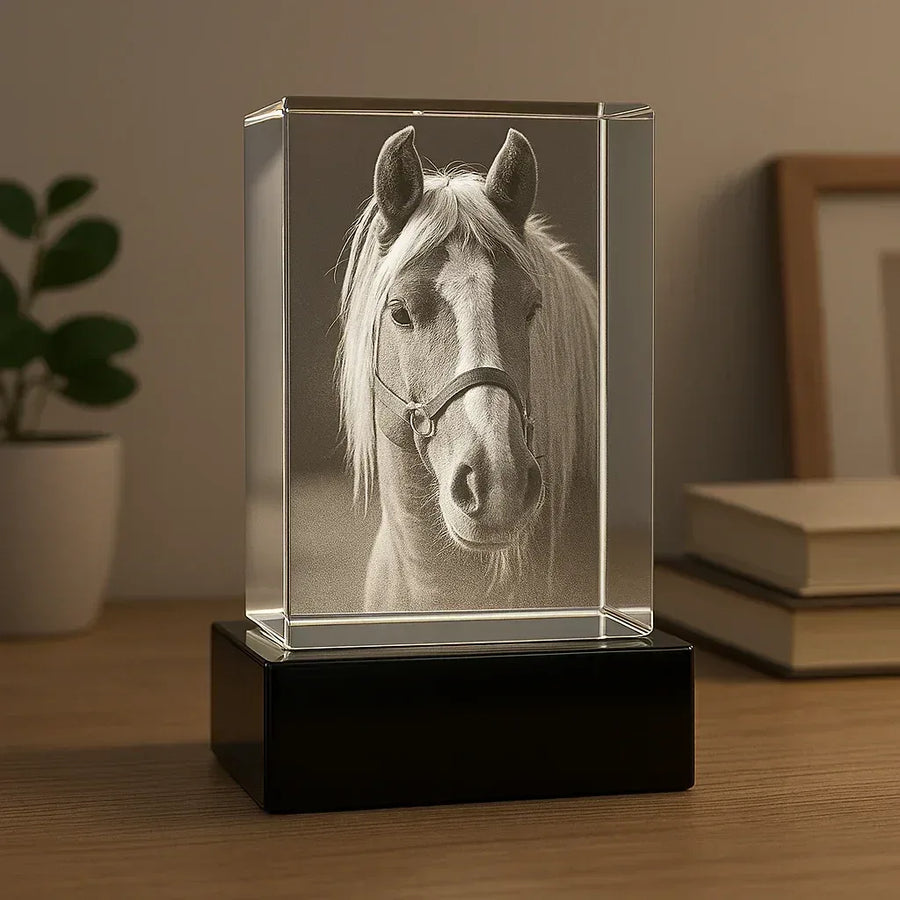 Horse memorial photo crystal showing detailed laser engraved personalised gift UK - Incrystals