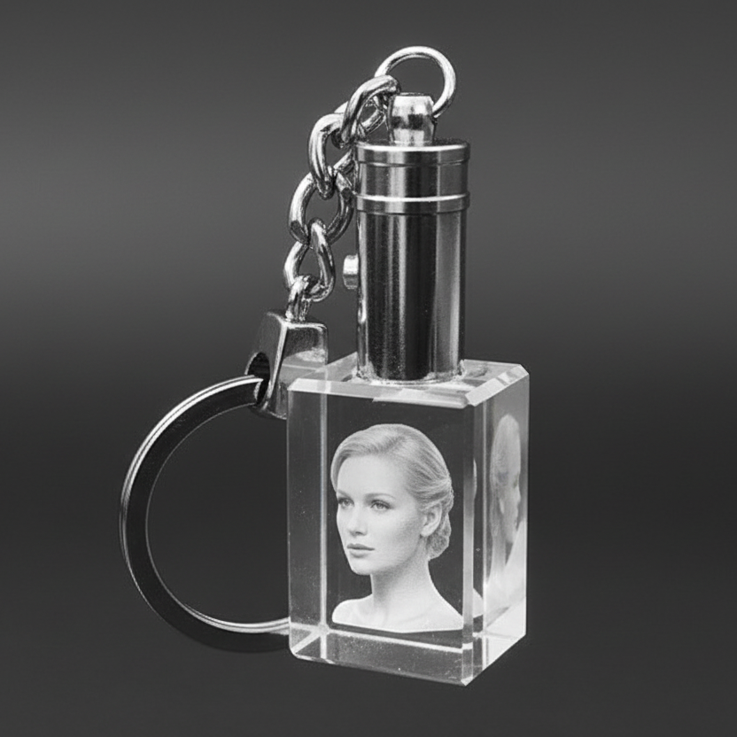 Photo crystal keyring with LED light illuminating personalised engraving - made in UK - Incrystals