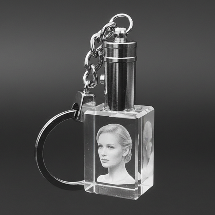 Photo crystal keyring with LED light illuminating personalised engraving - made in UK - Incrystals