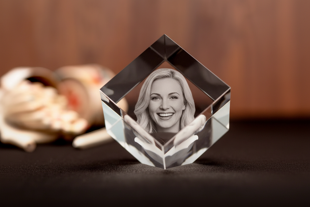 Crystal photo cube with a woman's face on a dark surface