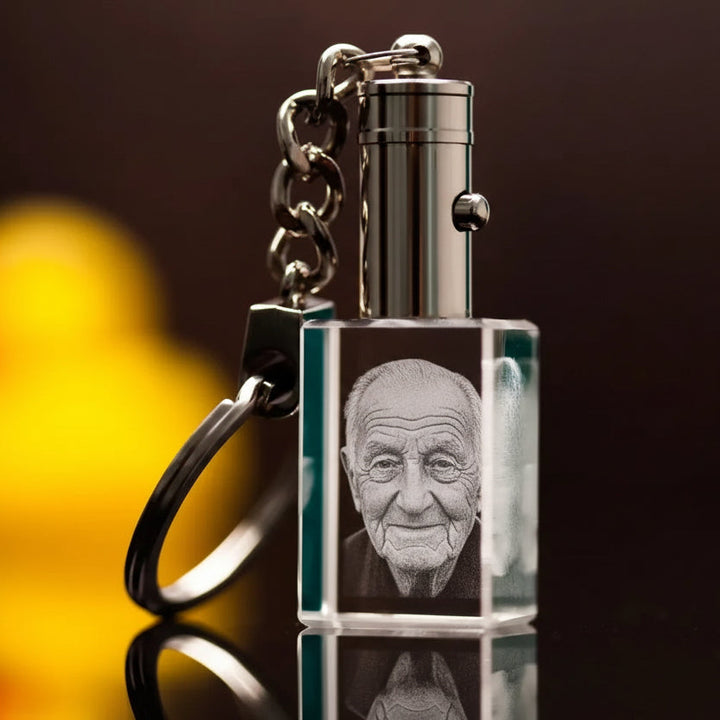 Laser engraved photo crystal keyring showing LED illumination detail - personalised gift UK - Incrystals