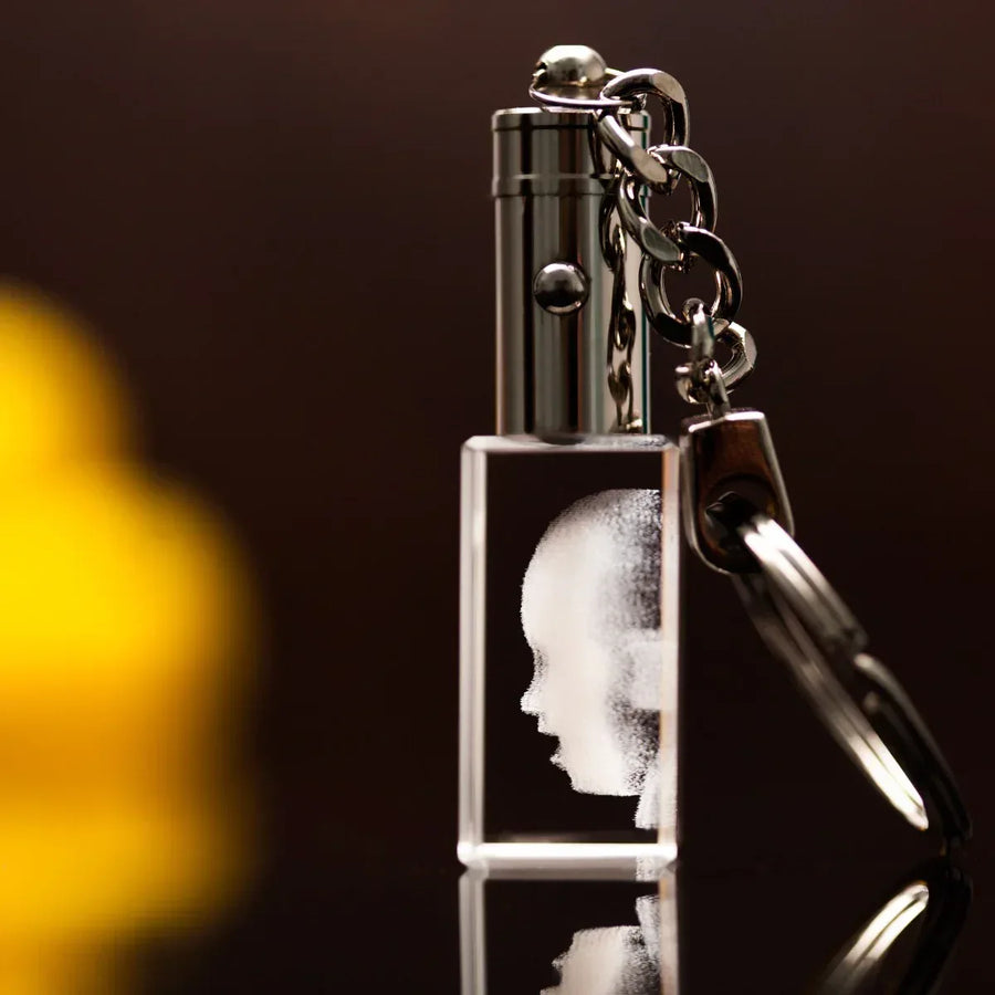 Alternative angle view of 3D photo crystal keychain with LED base showing laser engraved detail - Incrystals