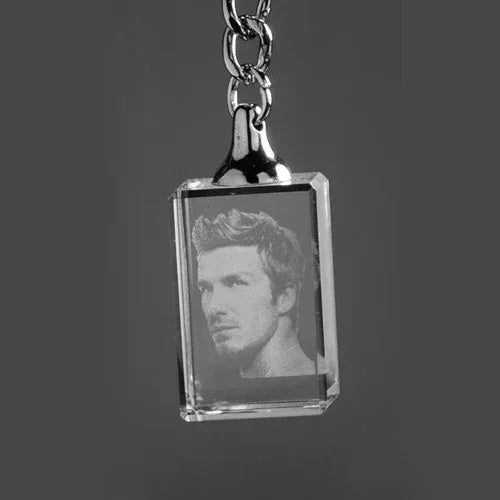 Laser engraved photo crystal keyring showing premium clarity and detail, personalised gift UK - Incrystals