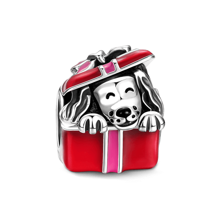 Dog In Gift Box - 925 Sterling Silver Charm