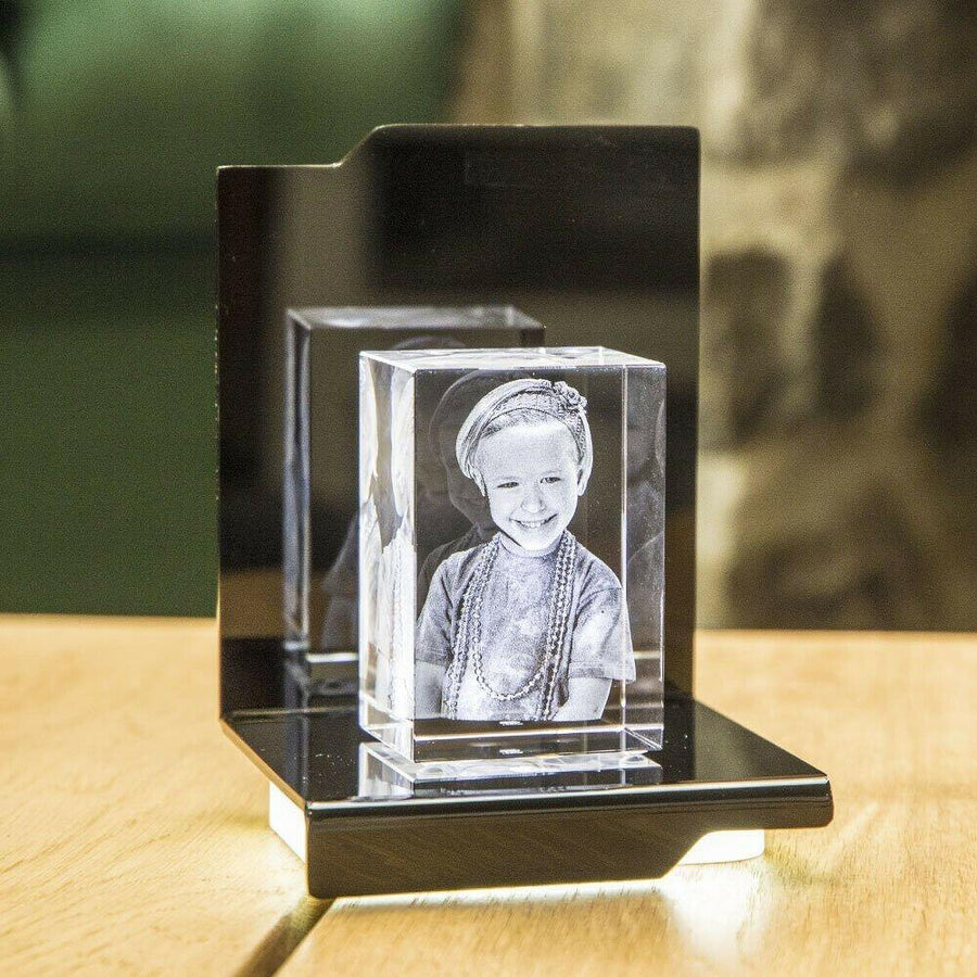 Close-up view of personalised photo crystal with black lighting stand - laser engraved gift UK - Incrystals